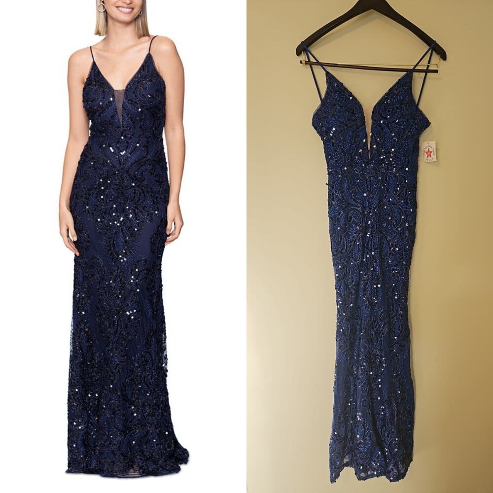 Betsy & Adam Women’s Nina Long Sequin Illusion V-Neck Dress – Royal